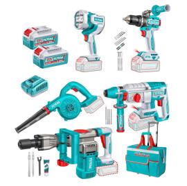 COMBO 20V ATORNI. + ROTOM. + MARTILLO + SOPLA + FAROL + 2 BAT. + CARG 